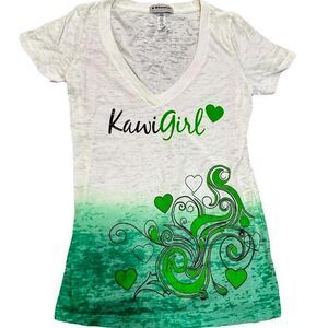 Kawasaki Women's White and Green Women's Biker Motorcycle V Neck Shirt Medium